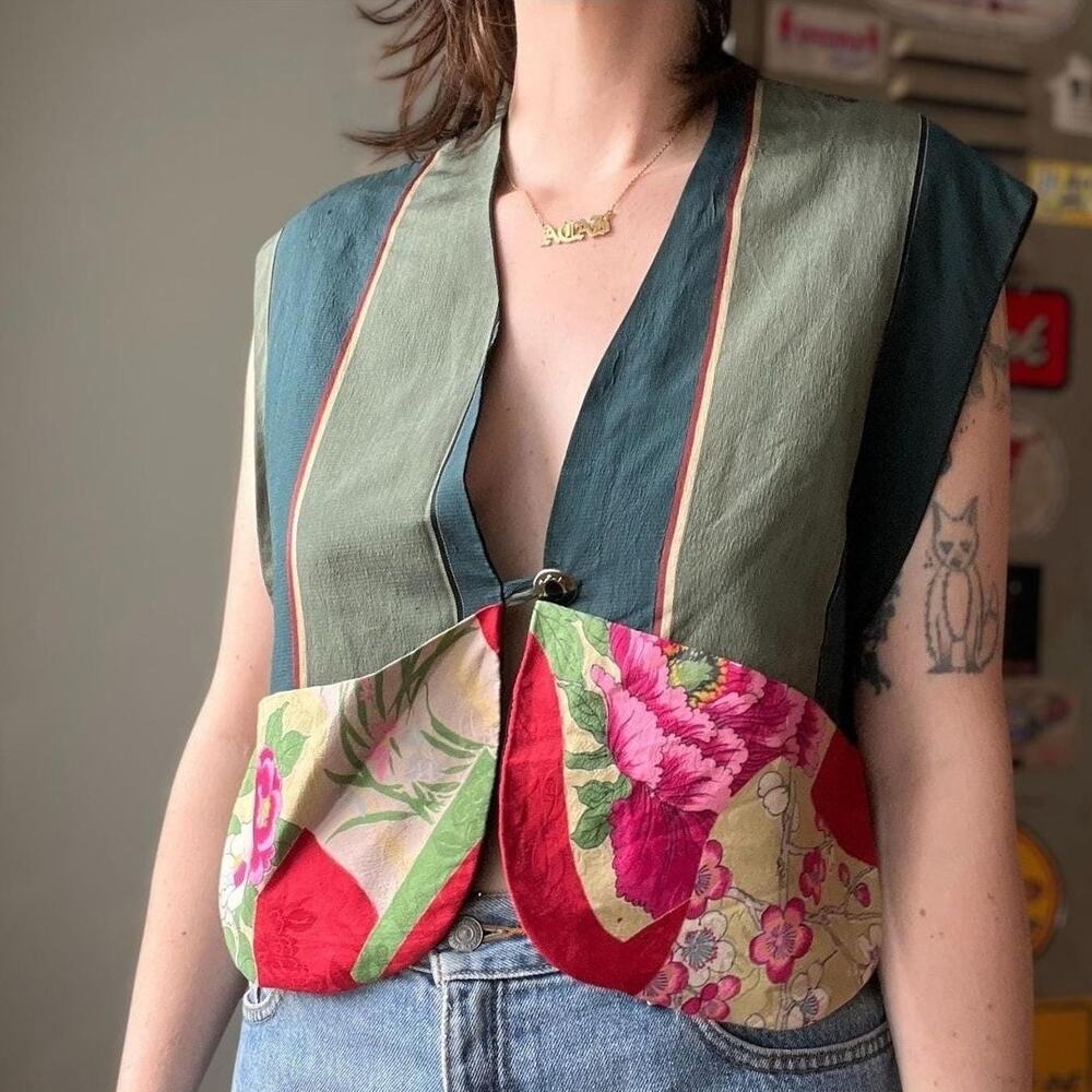 Vintage 90s Silk Patchwork Vest by Kiana | Cropped Brocade Tie Waist | M